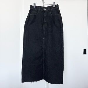 Black Denim Maxi Skirt Raw Hem Stretch Grunge Y2K School Goth Festival Witchy